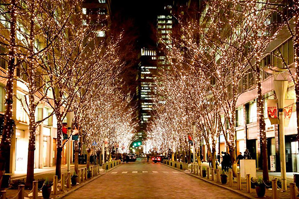 東京寒冷冬夜的燦爛燈飾街道，讓整個氛圍十分浪漫。