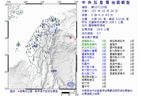 10月24日00:04分發生有感地震。