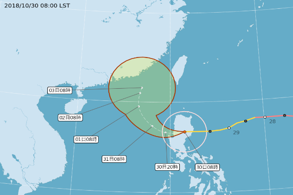 玉兔颱風扭腰北轉，外圍環流於30日晚間影響台灣。 (圖／中央氣象局，以下同)