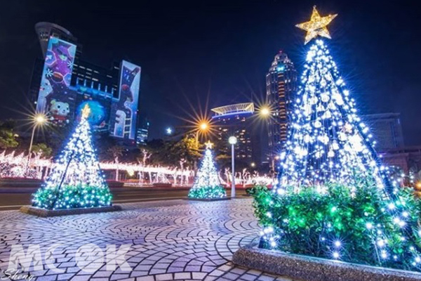 市府廣場前的馬路對面，花圃搖身一變成了可愛的聖誕樹。 (圖／sheng860419)