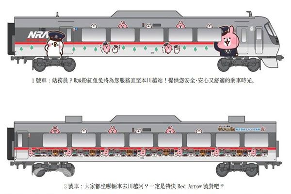 「卡娜赫拉的小動物 愜意樂遊小旅 搭乘西武鐵道遊川越號」列車模擬圖。