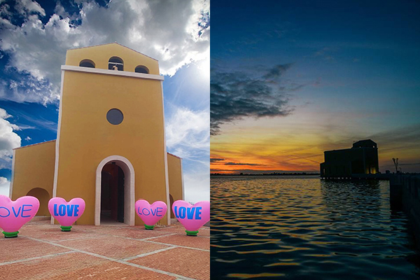 白日正門的教堂及夕陽西下的海上教堂。