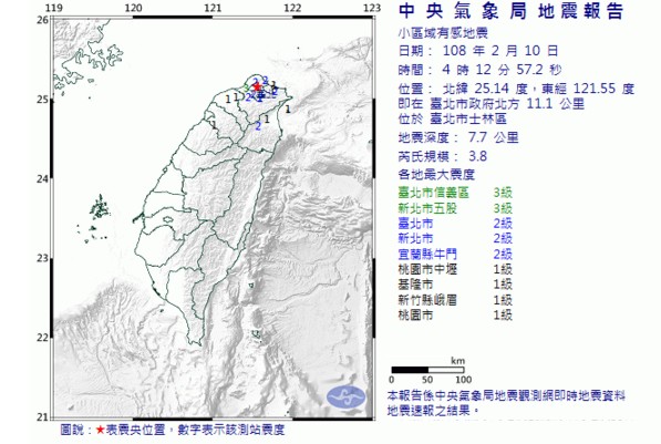 深夜有感地震震央在台北   兩天內連三震