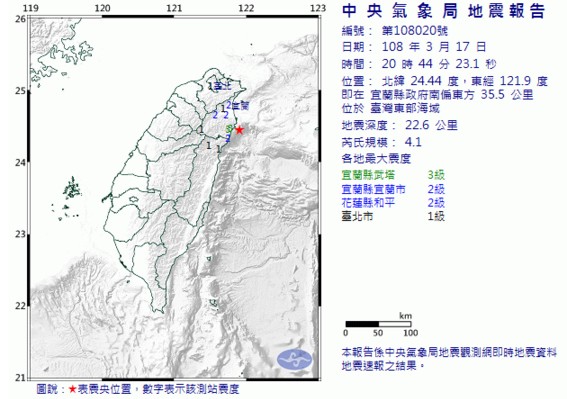 3月17日晚間發生有感地震。