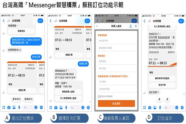 台灣高鐵「Messenger智慧購票」服務訂位功能示範。