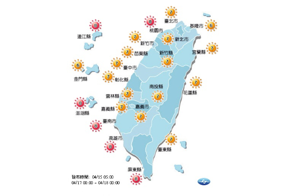 週三白天鋒面離開，全台各地天氣轉好，注意日照防曬。