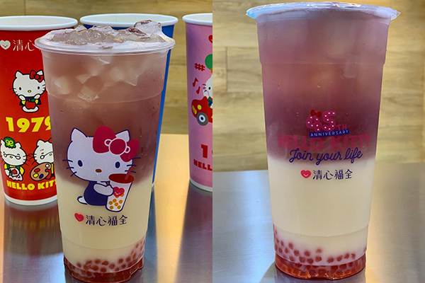 Hello Kitty45週年主圖塑膠杯正反面，新品同步推出。(圖／清心福全北投致遠店)