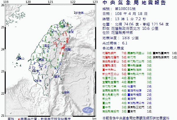 快訊》花蓮地區發生有感地震    芮氏規模6.1級