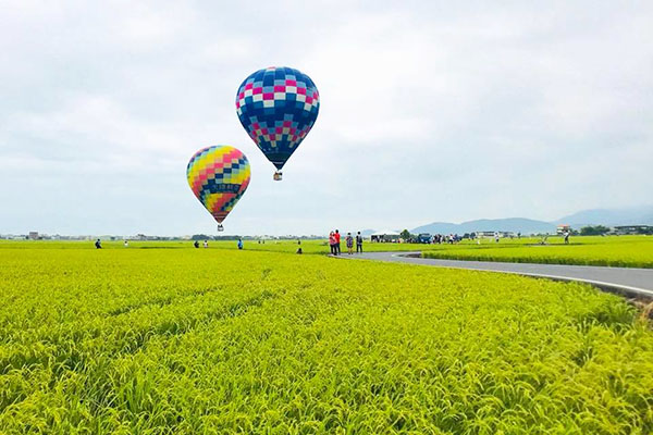 坐在熱氣球上從高空俯瞰金黃稻浪。（圖／幸福冬山）