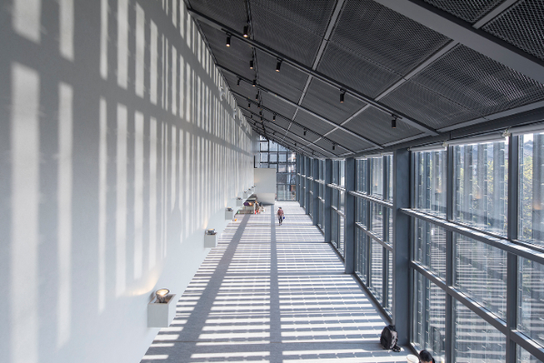 兩側的玻璃帷幕，讓自然採光能在橋廊內的空間肆意穿透。