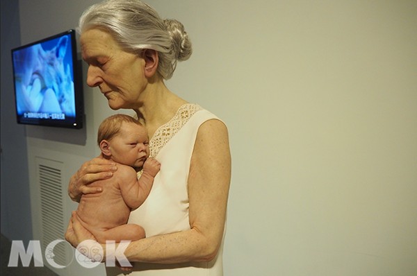 Sam-Jinks的作品老婦溫暖地懷抱嬰兒，彷彿為人生循環寫下終止符，同時也是面對自身渺小存在時的謙卑姿態。位於鉅細靡遺展區。(圖／MOOK景點家Asami)