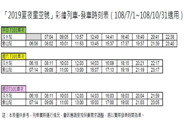 夏夜星空號彩繪列車發車時刻表。