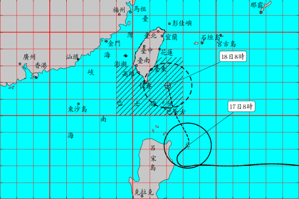 丹娜絲颱風以每小時16公里的速度向北北西前進。 (圖／中央氣象局，以下同)