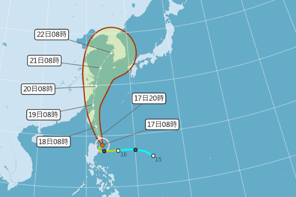 丹娜絲颱風的預測路徑。