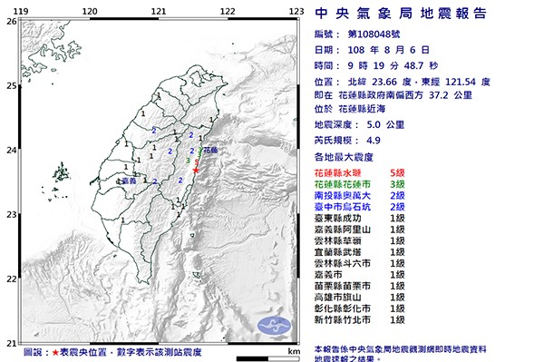 一早連兩震！最大震度達5級花蓮顯著有感
