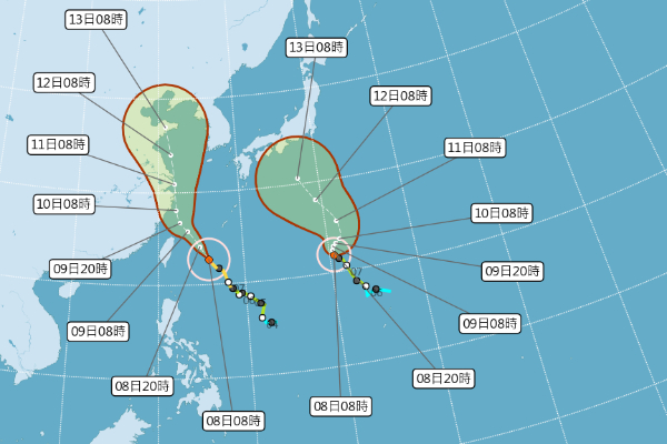 利奇馬颱風目前為至於台北東南東方500公里海面上。