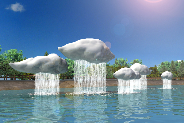 歡聲笑語，由一系列漂浮雨雲所組成的裝置藝術。