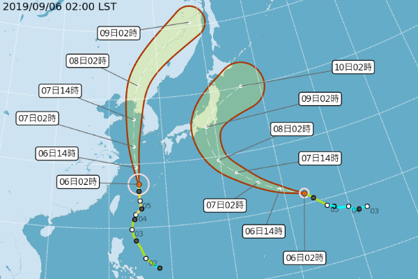 玲玲颱風往北移動，第15號颱風法西生成，將朝日本方向前進。 (圖／中央氣象局，以下同)