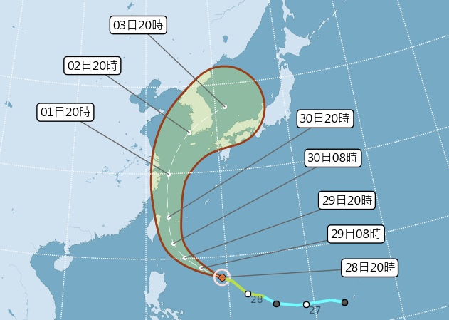 米塔（MITAG）颱風28日上午八時生成，目前為輕度颱風。此為28日晚間八點發布的米塔颱風潛勢圖。
