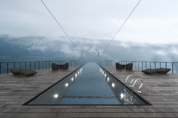 僅用兩根鋼筋懸吊的鏤空露台游泳池。 (圖／Hayri Atak Architectural Design Studio)