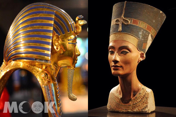 黃金面具重1104 公克，高54 公分，是埃及藝術追求「永恆生命」的例證。
娜芙蒂半身像高50 公分，名字意為「來自遠方的美女」。