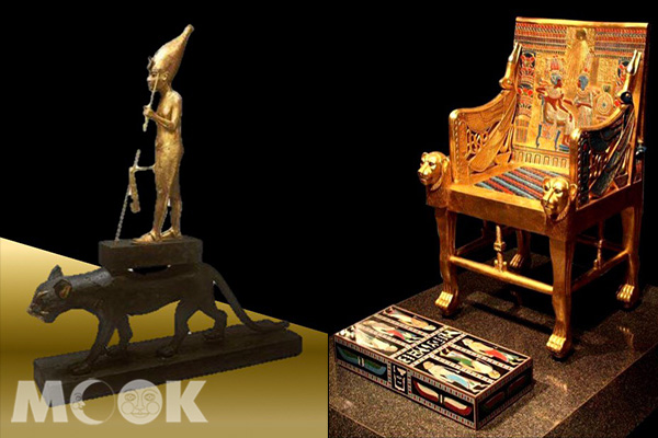 站在獵豹身上的圖坦卡門雕像。
「國王座椅」除了極盡金貴，椅背上也生動的描繪著法老與王后的日常生活。