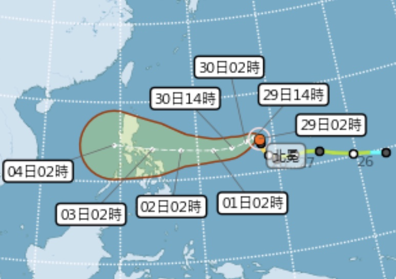 北冕颱風29日最新路徑潛勢圖。