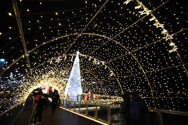 於隧道內可遠眺超高LED聖誕樹。