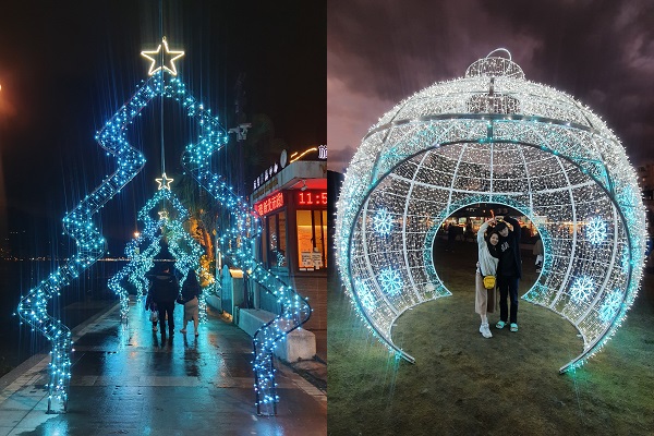 獨特的聖誕樹造型燈光長廊與巨蛋造型耶誕雪屋。（圖／新北市政府，下同）