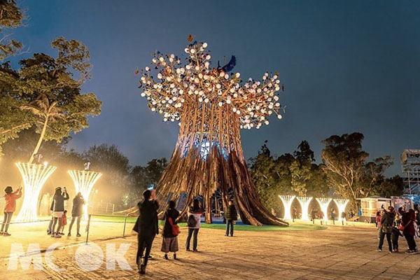 2020台灣燈會主燈「森生守護-光之樹」，22條光帶大樹幹是縣市、368朵花苞是鄉鎮、2359片心型葉子是人民，祈願台灣和諧團結，國運昌隆。