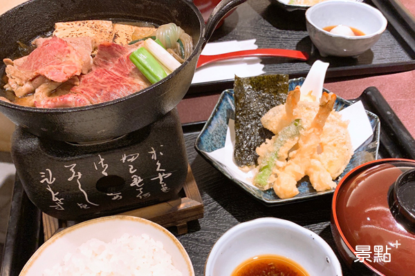 天婦羅與壽喜燒定食，雙重享受大口吃，豪邁定食價410元。