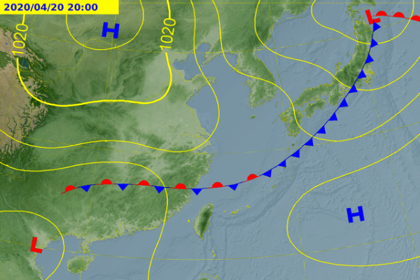20日鋒面由華南逐漸移向台灣北部海面。