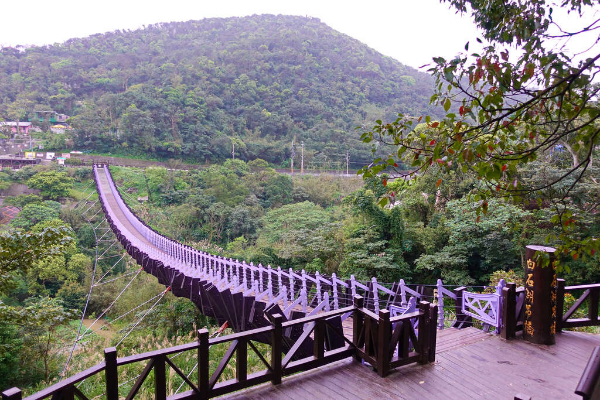 淡紫色橫跨於山谷中的浪漫吊橋。