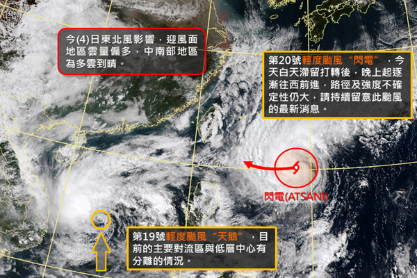 第20號颱風閃電預測6日8時的中心位置在鵝鑾鼻東南方210公里之海面上，請在巴士海峽航行及作業船隻應特別注意，並隨時留意此颱風的最新動態。 (圖／中央氣象局，以下同)