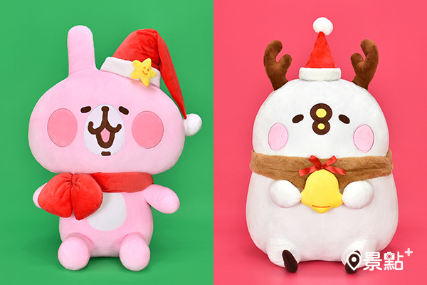限定店限量優惠20吋聖誕造型娃娃，戴上聖誕帽的粉紅兔兔和麋鹿角P助超軟萌。