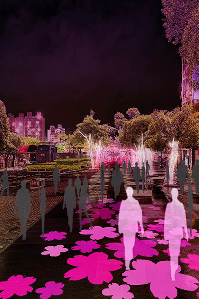 淡水老街廣場燈飾模擬示意圖-櫻雪迷蹤-科技投影