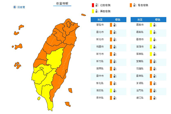 氣象局發出低溫特報，橙色代表非常寒冷，黃色為寒冷。