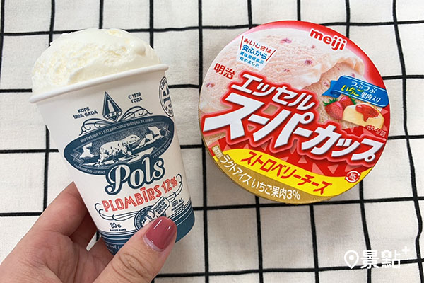 POLS特濃香草牛奶杯冰淇淋，售價69元；明治草莓起司超級冰淇淋，售價59元。