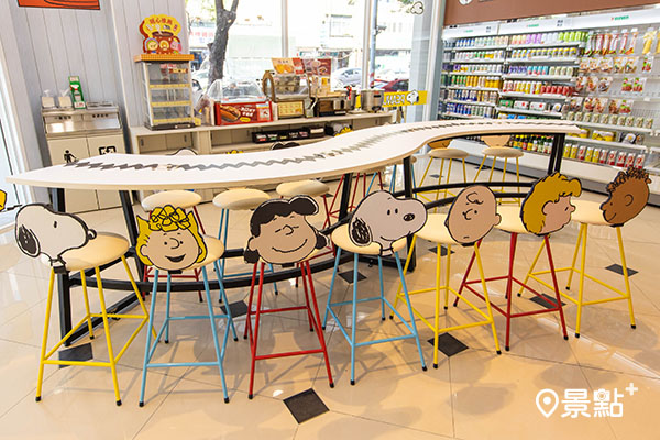 高雄史努比主題店休憩區椅背採用史努比與他的好朋友們一起呈現。