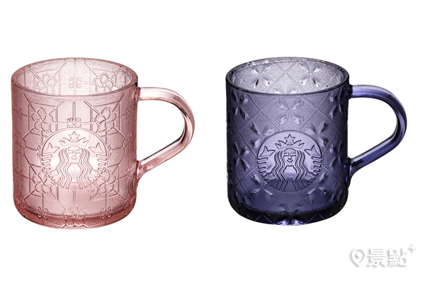 左為粉櫻花語玻璃杯，右為紫櫻切子玻璃杯。