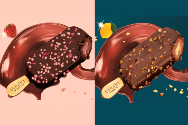 「GODIVA草莓脆碎黑巧克力雪糕」與「GODIVA焦糖脆碎檸檬茶風味黑巧克力雪糕」