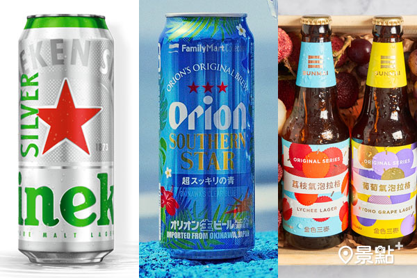 海尼根Silver星銀啤酒 500ml、沖繩Orion奧利恩南方之星生啤酒、SUNMAI葡萄氣泡拉格瓶與荔枝氣泡拉格（圖／海尼根,Orion,金色三麥）