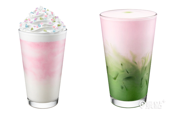 星巴克推出兩款春日美味新飲品，左為粉紅夢幻醇濃抹茶那堤，右為粉紅夢幻星冰樂。（圖／星巴克，以下同）