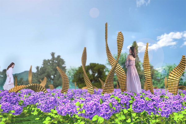 今年桃園繡球花季融入枕頭山意像，打造好拍的裝置藝術。
