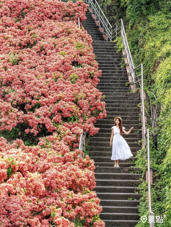 站在階梯上與大花瀑合照，這樣的取景相當壯觀！