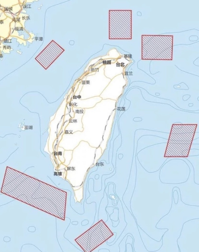 新華社公布的軍演照片，鎖定台灣周圍六個海域、空域。