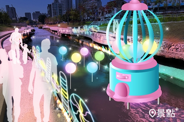 柳川燈飾「心動扭糖機」。(圖 / 台中市政府，以下同）