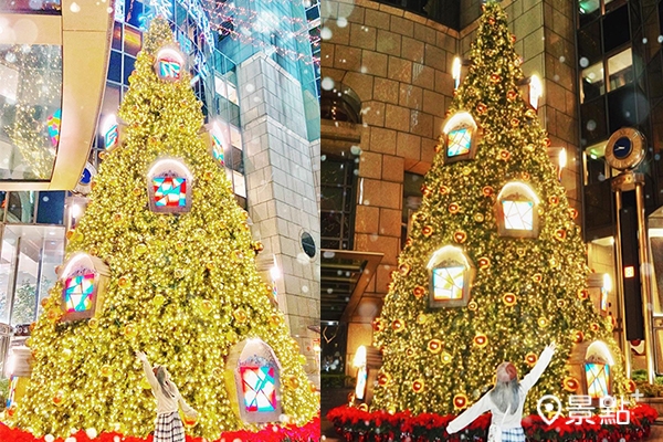 閃耀金色光芒的聖誕樹，搭配彩色馬賽克窗型裝飾，照耀敦南廣場的夜空。（圖／gominkin）