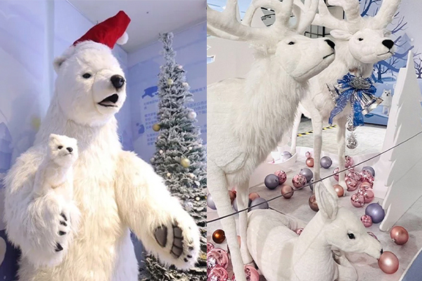 戴著聖誕帽的可愛北極熊與雪白馴鹿群，讓聖誕節充滿白色浪漫氣息。(圖，宏匯廣場，以下同）