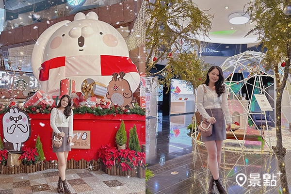 1F廣場的萌樣巨大醜白兔與2F北歐風冰屋，能拍出不同風格的耶誕美照。（圖／_______.minnie）
